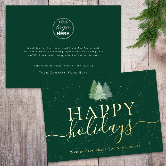 Modern Corporate Logo Christmas Trees  Green Gold (Corporate holiday greeting company logo snowy Xmas tree gold foil script green business holiday card)