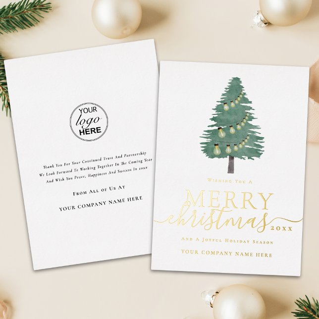 Modern Corporate Logo Merry Christmas Tree Gold (Modern corporate logo merry Christmas simple tree & lights gold foil script business holiday card)