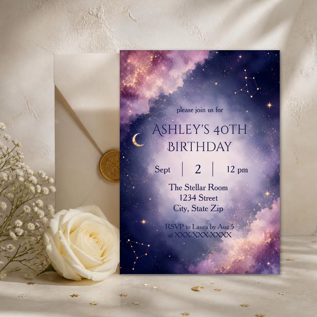 Modern Cosmic 40th Birthday Invitation (Sophisticated purple galaxy invitation customized for elegant 40th birthday celebrations.)