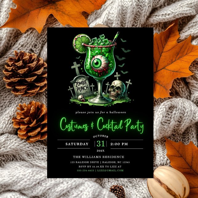 Modern Costumes & Cocktail Neon Halloween Party Invitation (Creator Uploaded)