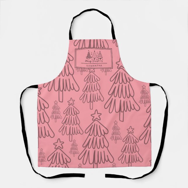 Modern Cottagecore Pink Evergreen Tree Christmas Apron (Front)