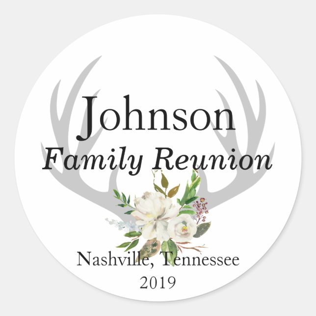 Modern Country Antlers and Flowers Family Reunion Classic Round Sticker (Front)