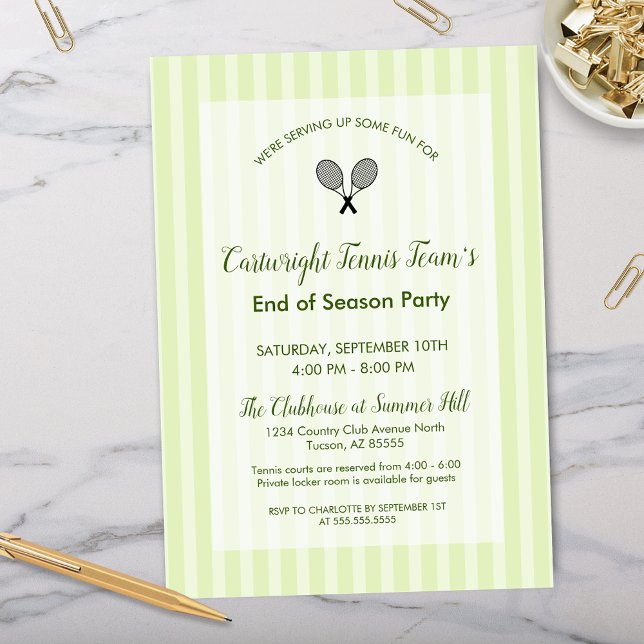 Modern Country Club Tennis End of Season Birthday Invitation (Modern end of season tennis team party invitations or country club birthday invitations for clubs)