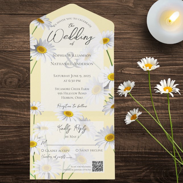 Modern Country Daisies on Pale Gold QR Code All In One Invitation (Creator Uploaded)
