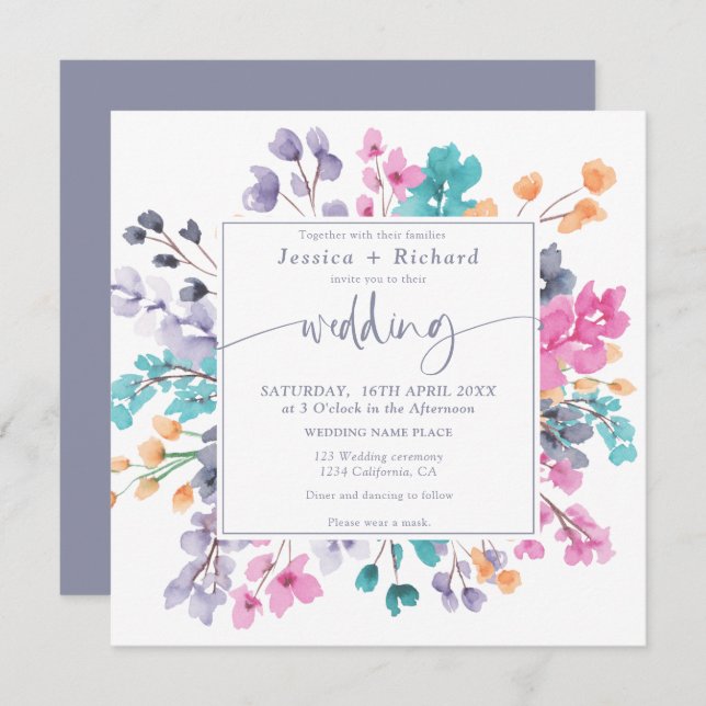 Modern country floral lavender pink wedding script invitation (Front/Back)