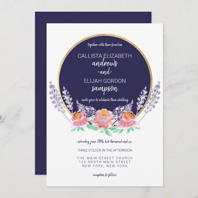 Modern Country Navy Pink Lilac Wild Flower Wedding Invitation (Front/Back)