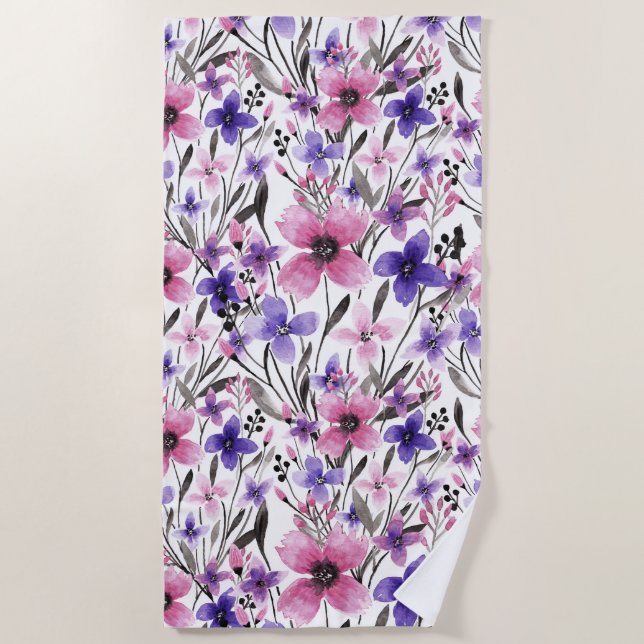 Modern Country Pink Purple Floral Watercolor Beach Towel (Front)