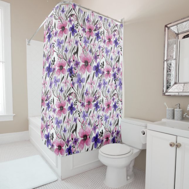 Modern Country Pink Purple Floral Watercolor Shower Curtain (In Situ)