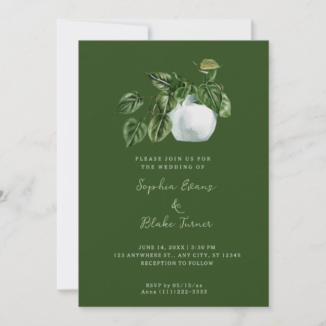 Modern Country Potted Plant Dark Green Wedding Invitation (Front)