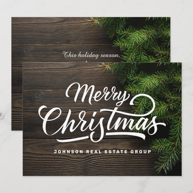 Modern Country Rustic Wood and Green Foliage Pine Holiday Card (Front/Back)