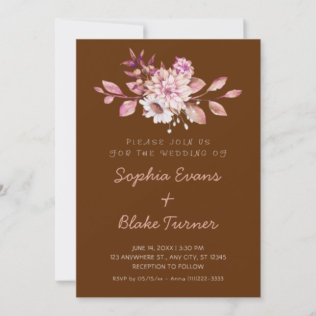 Modern Country Soft Floral Gingerbread Wedding Invitation (Front)