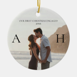 Modern Couple 2 Photo First Christmas Engaged Ceramic Tree Decoration