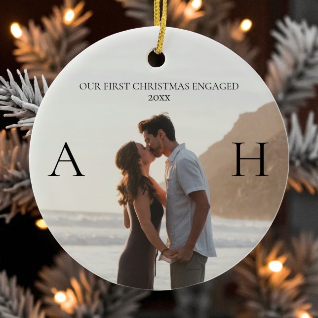 Modern Couple 2 Photo First Christmas Engaged Ceramic Tree Decoration (Modern Couple 2 Photo First Christmas Engaged Ceramic Ornament)