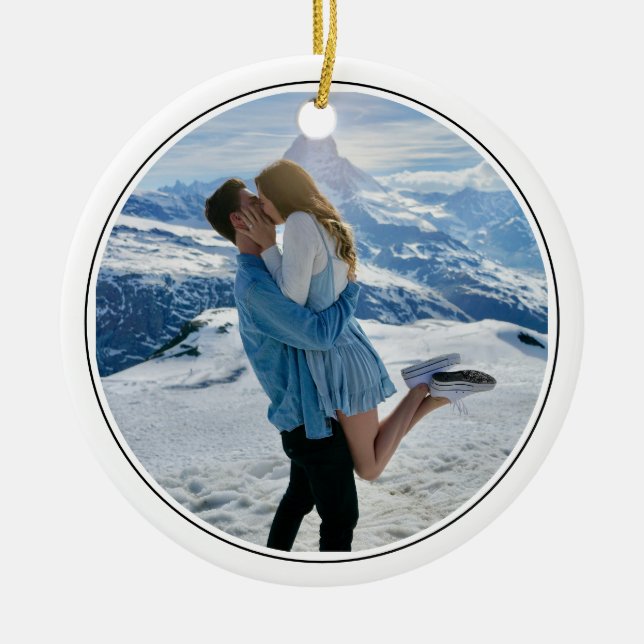 Modern Couple Engagement Photo First Christmas Ceramic Tree Decoration (Front)