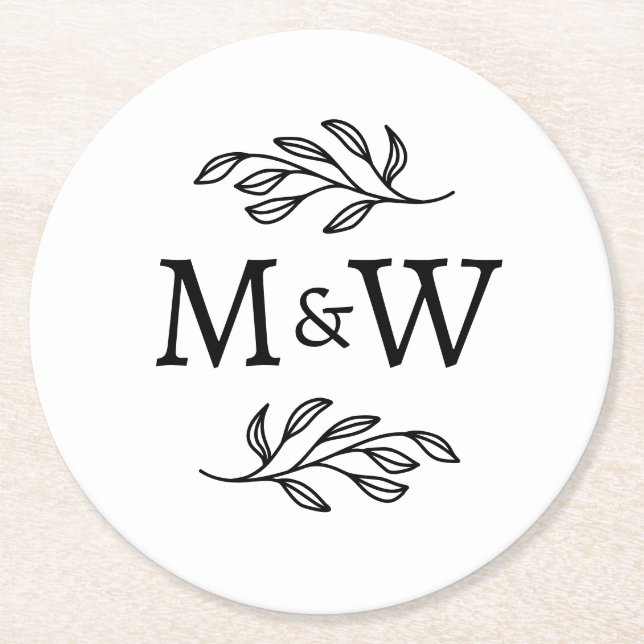 Modern Couple Monogram Initials Elegant Botanical Round Paper Coaster (Front)