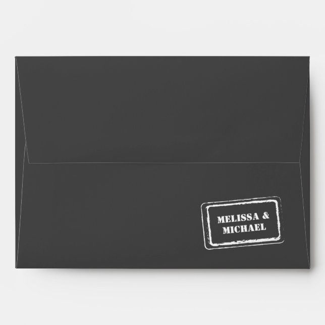 Modern Couple Names Stamp Grey Wedding Envelope (Back (Top Flap))