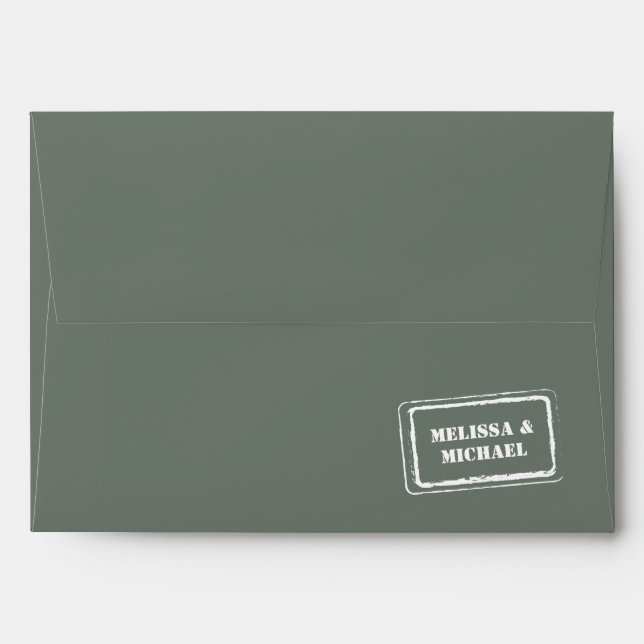 Modern Couple Names Stamp Sage Green Weddind Envelope (Back (Top Flap))