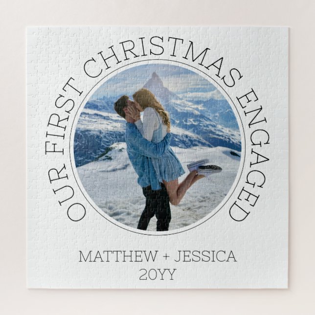Modern Couple Photo Our First Christmas Engaged Jigsaw Puzzle (Vertical)