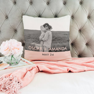 Modern Couple Photo Pink & Grey Perosnalized Name Cushion