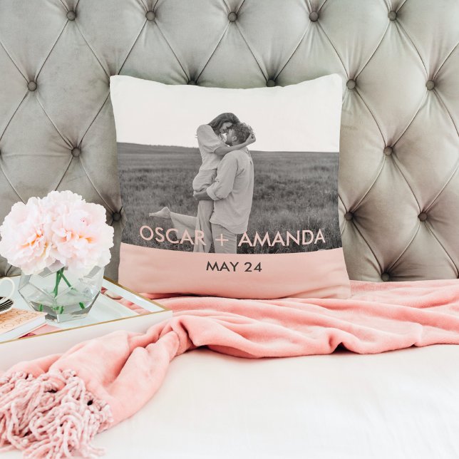 Modern Couple Photo Pink & Grey Perosnalized Name Cushion (Creator Uploaded)