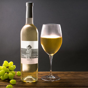 Modern Couple Photo Pink & Grey Perosnalized Name Wine Label