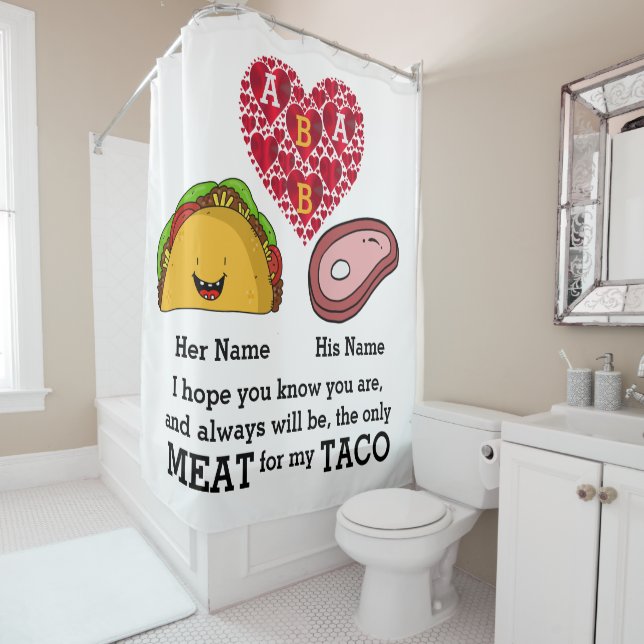 Modern Couple taco and meat lovers custom monogram Shower Curtain (In Situ)
