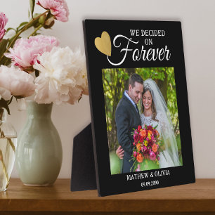 Modern Couple Wedding Photo Gold Heart Quote Black Plaque