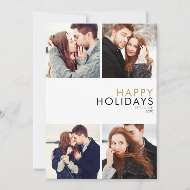Modern Couples 4 Photo Collage Christmas Holiday Card (Front)