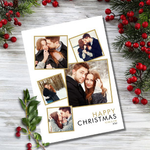 Modern Couples 5 Photo Collage Christmas Holiday Card