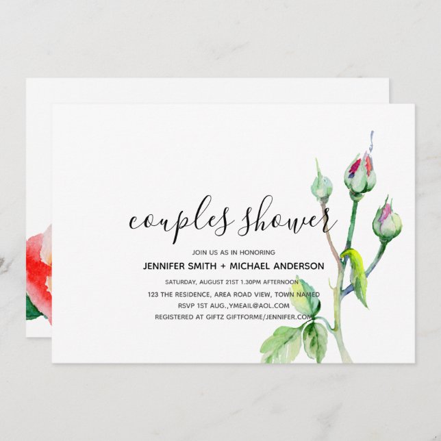 Modern COUPLES SHOWER Watercolor Roses Handwritten Invitation (Front/Back)