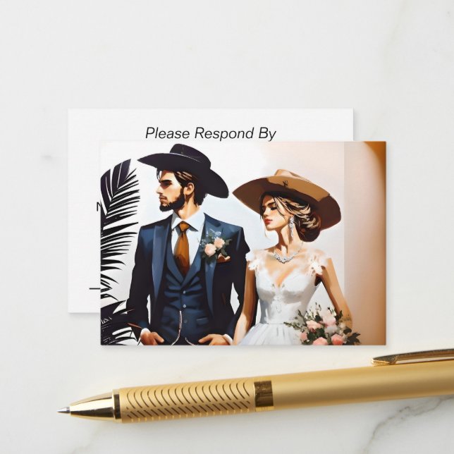Modern Cowboy & Bride Western Style Wedding RSVP Enclosure Card (Front/Back In Situ)
