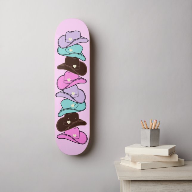 Modern Cowboy Hat Stack Pink Skateboard (Wall Art)