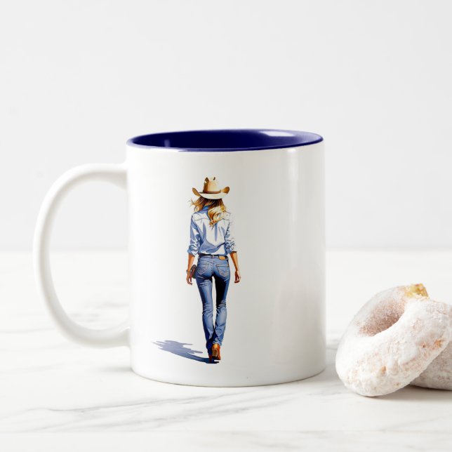 Modern Cowgirl Walk Two-Tone Coffee Mug (With Donut)