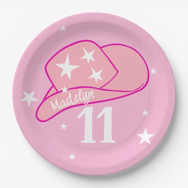 Modern Cowgirl Western Hat Pink Girl 11th Birthday Paper Plate (Front)
