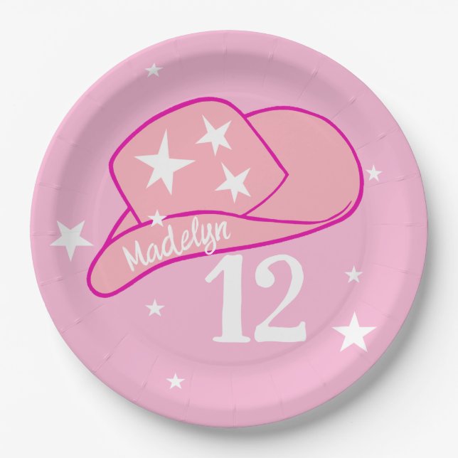 Modern Cowgirl Western Hat Pink Girl 12th Birthday Paper Plate (Front)