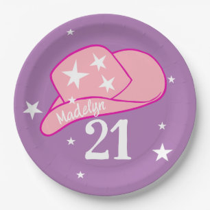 Modern Cowgirl Western Hat Pink Girl 21st Birthday Paper Plate