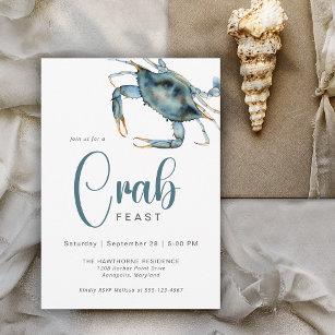 Modern Crab Feast Watercolor Blue Crab Invitation