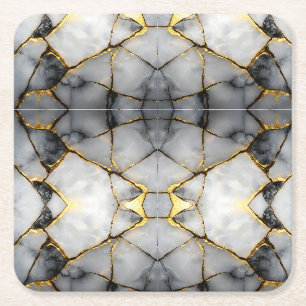 Modern Cracked Gold White & black marble Square Paper Coaster