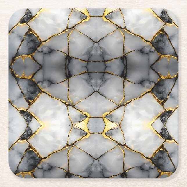 Modern Cracked Gold White & black marble Square Paper Coaster (Front)