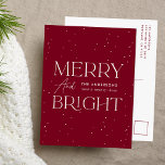 Modern Cranberry Merry and Bright Non-Photo Holiday Postcard<br><div class="desc">Modern holiday postcard featuring "Merry and Bright" displayed in white lettering and a cranberry background with subtle white dots (snow). Personalise the front of the non-photo holiday postcard with your family name and the year in white lettering. The postcard reverses to display your return address and personal message in cranberry...</div>