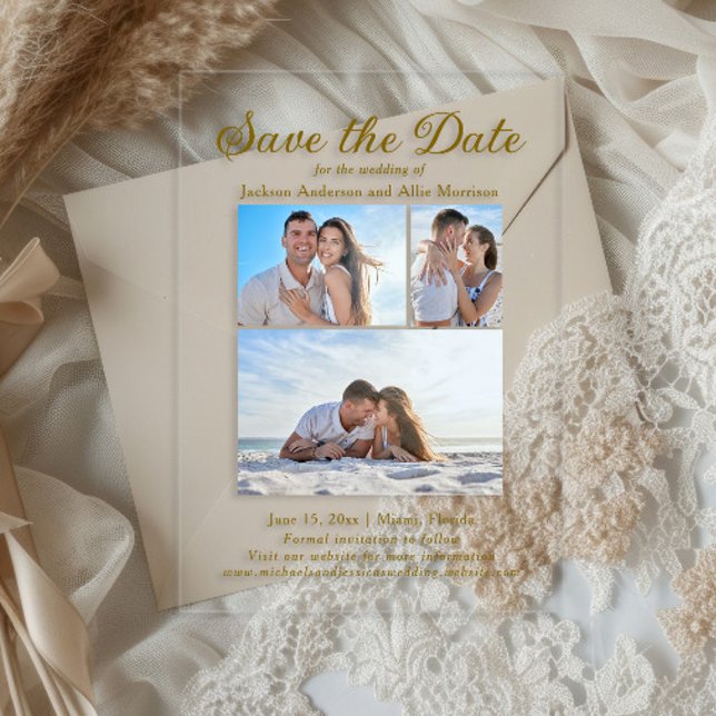 Modern Cream 4 Photo 2 Sided Arch Wedding  Acrylic Invitations (3-Photo wedding acrylic Save the Date card)