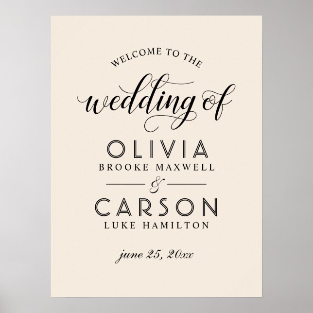 Modern Cream and Black Script Wedding Welcome Poster (Front)