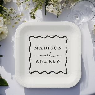 Modern Cream and Black Wavy Frame Wedding Paper Plate