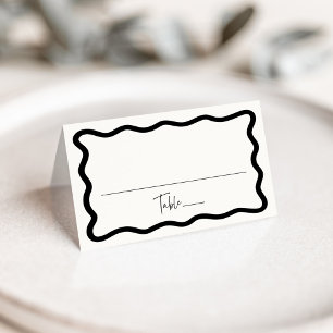 Modern Cream and Black Wavy Frame Wedding Place Card