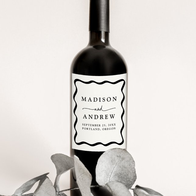 Modern Cream and Black Wavy Frame Wedding Wine Label (Creator Uploaded)
