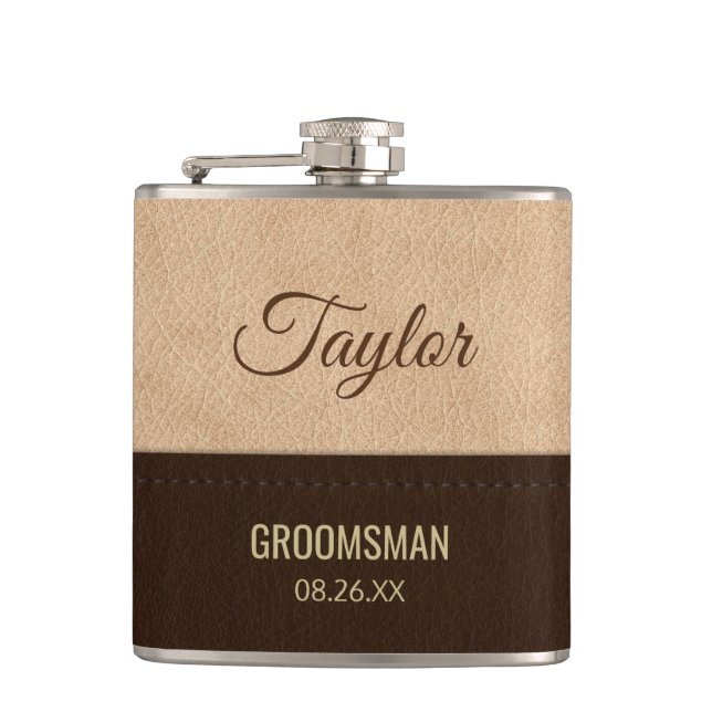 Modern Cream and Brown Leather Hip Flask (Front)
