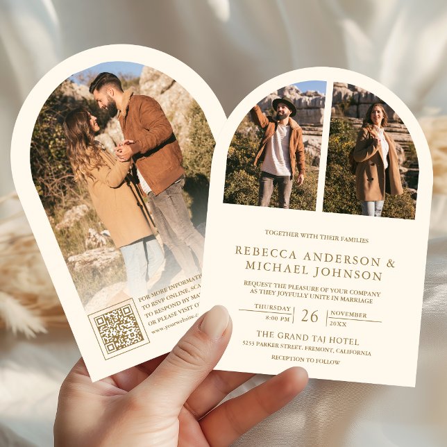Modern Cream and Gold Arch Photo QR Code Wedding Invitation (Creator Uploaded)
