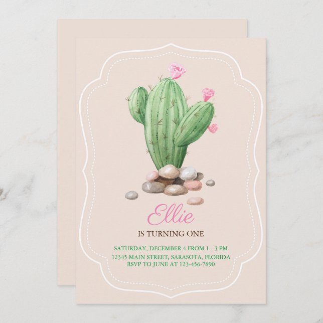 Modern Cream Beige Cactus Birthday Party Invitation (Front/Back)