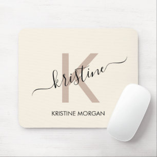 Modern cream beige script monogram name mouse pad