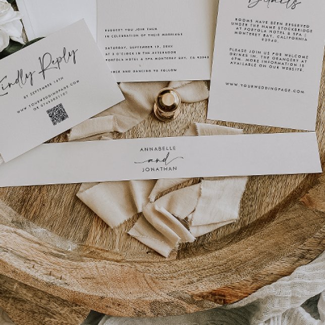 Modern cream black minimal contemporary wedding invitation belly band (Creator Uploaded)